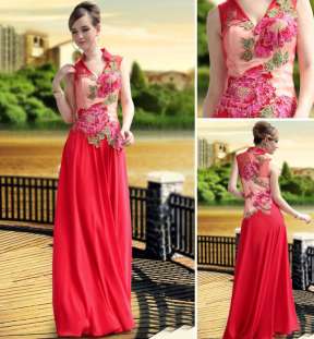 China red high collar wedding dress with applique #30652 image