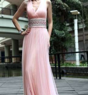 A-line empire halter silk pink long formal evening dress #30575 image