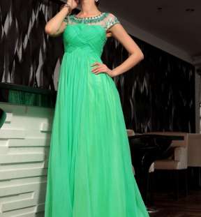 Short sleeves beaded white tulle+green ruffle elegent evening dresses #30682 image