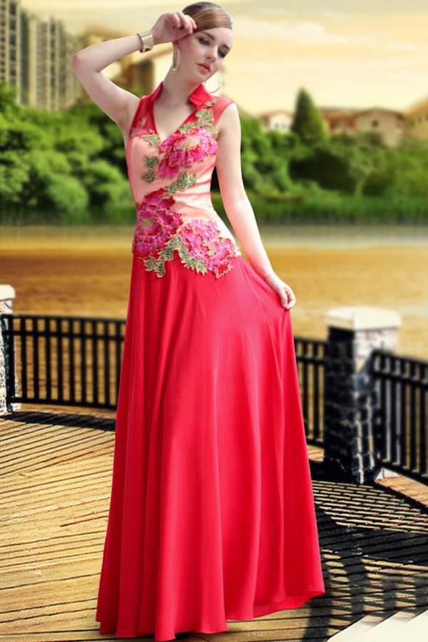China red high collar wedding dress with applique #30652