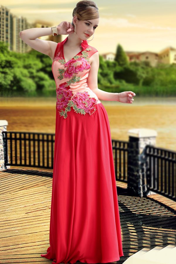 China red high collar wedding dress with applique #30652