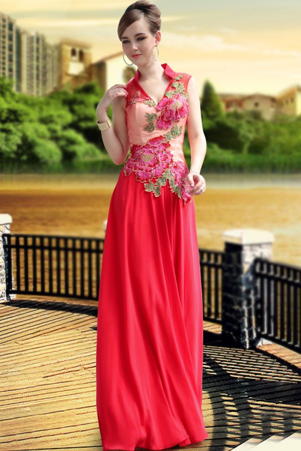 China red high collar wedding dress with applique #30652