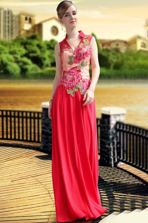 China red high collar wedding dress with applique #30652