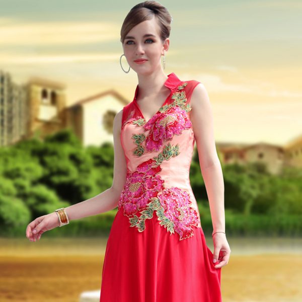 China red high collar wedding dress with applique #30652