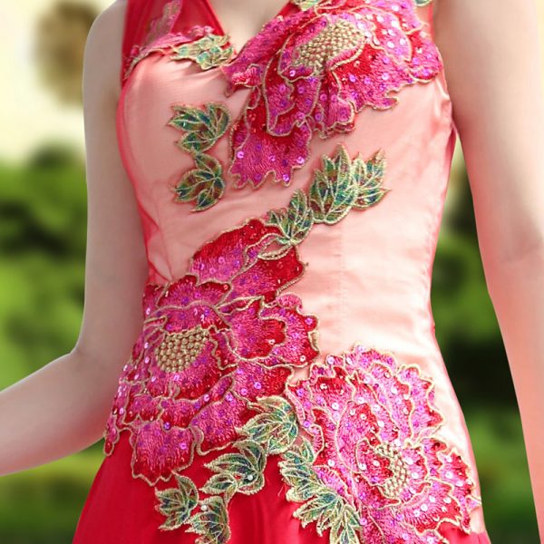 China red high collar wedding dress with applique #30652