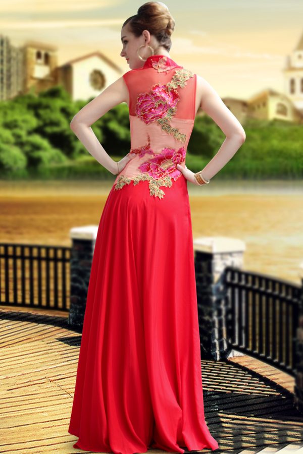 China red high collar wedding dress with applique #30652