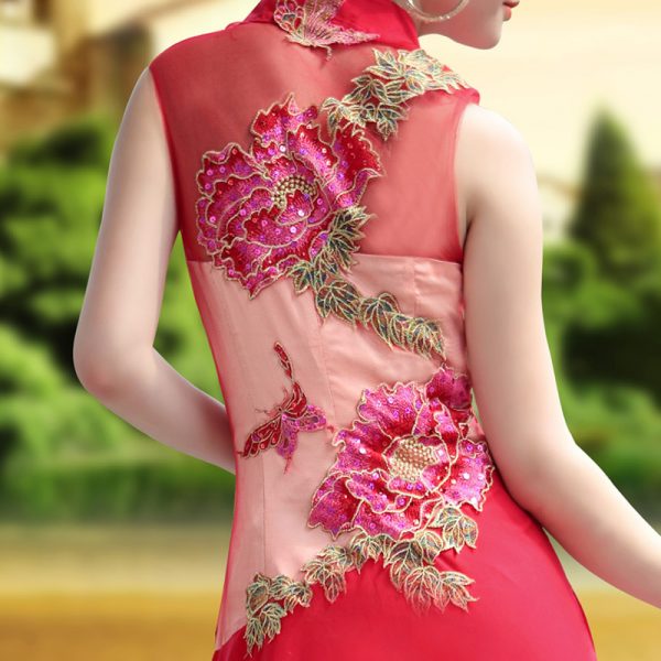 China red high collar wedding dress with applique #30652