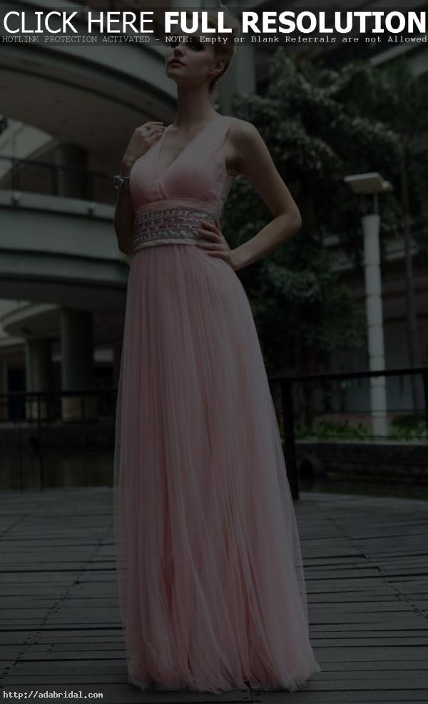 A-line empire halter silk pink long formal evening dress #30575 ...